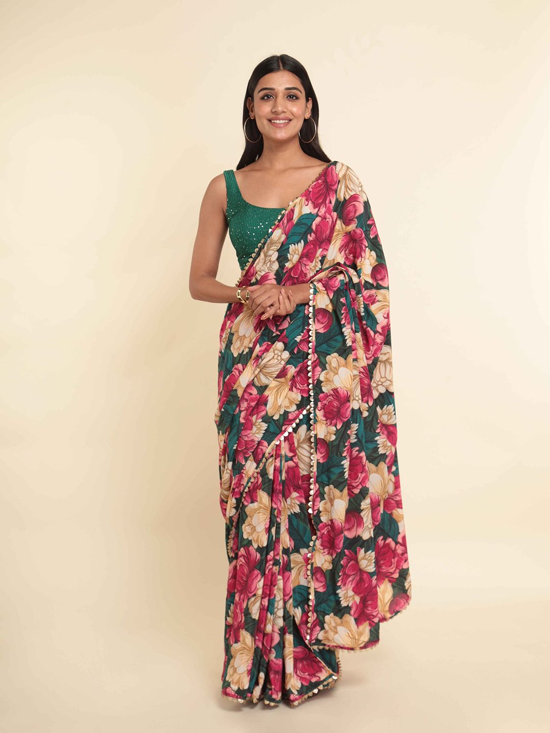 Suta Pink & Green Floral Printed Saree