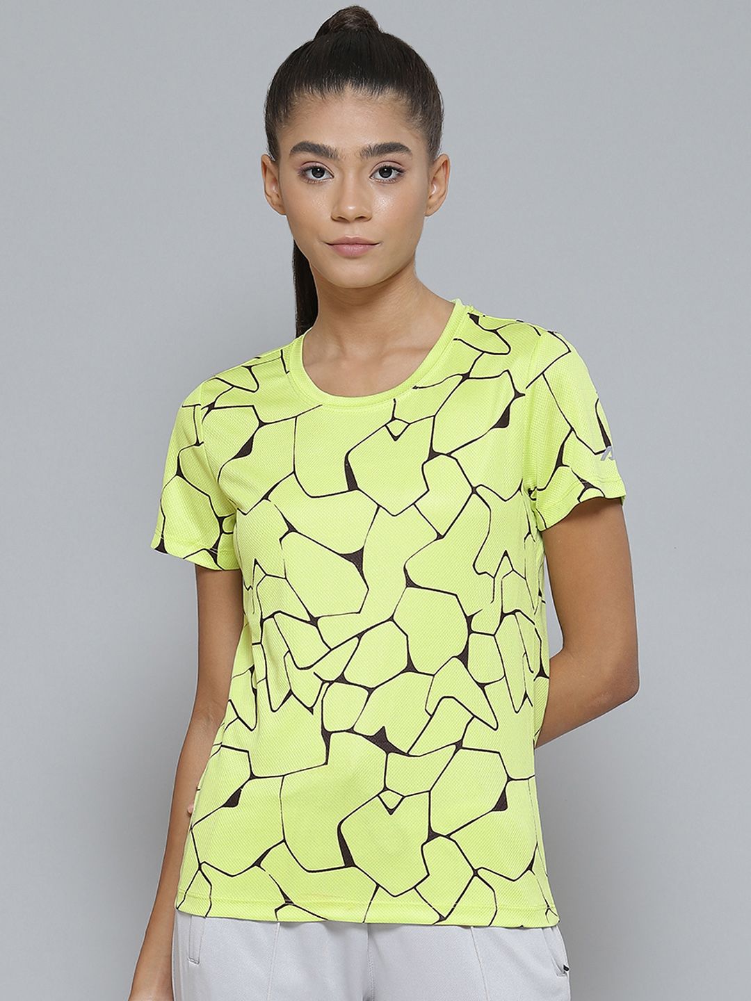 Alcis Women Lime Green Printed Slim Fit Sports T-shirt Price in India