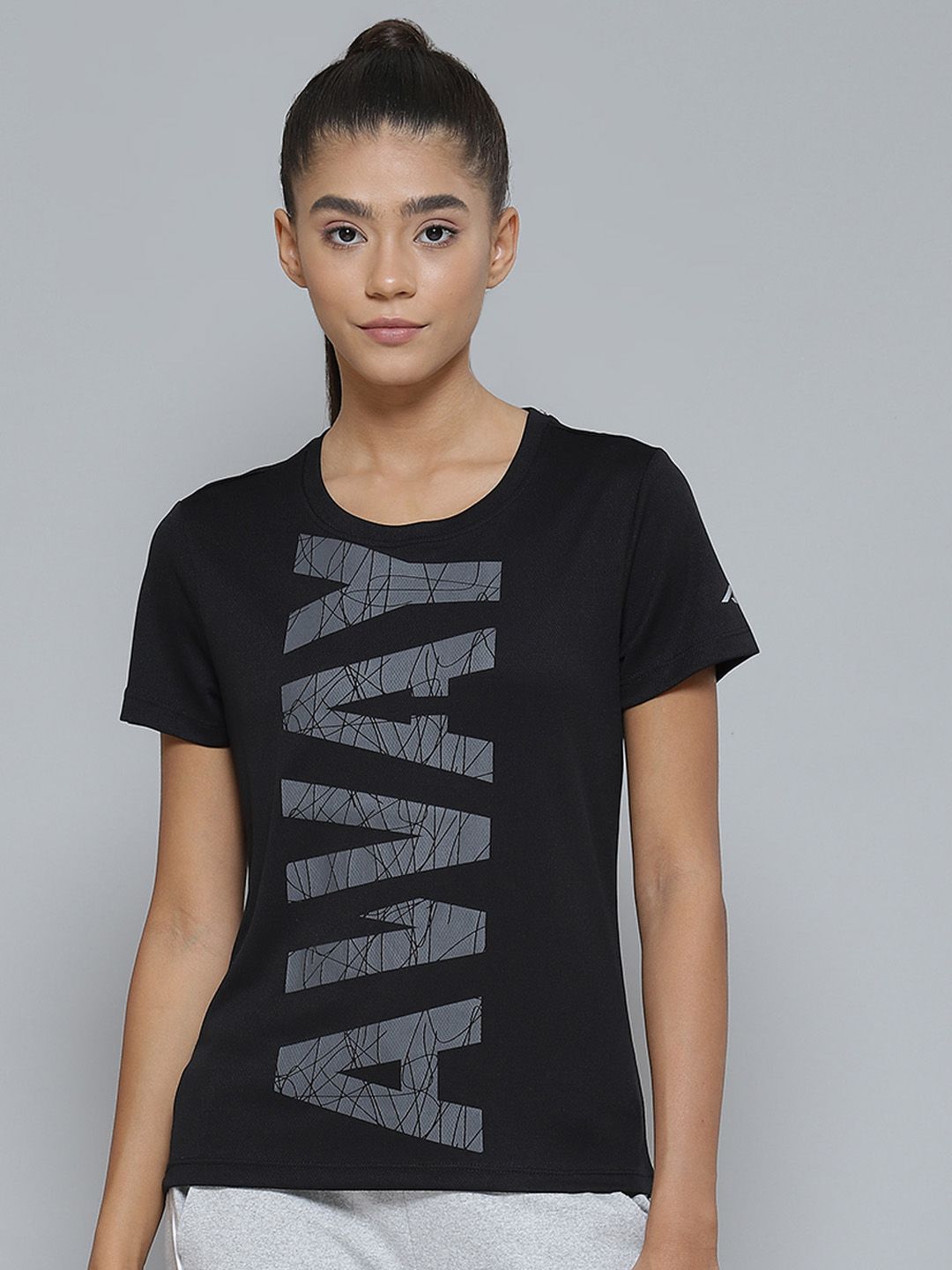 Alcis Women Black Typography Printed Slim Fit T-shirt Price in India