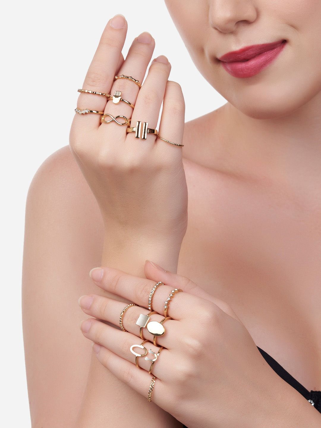 Zaveri Pearls Women Set of 15 Gold-Plated Adjustable Finger Ring Price in India