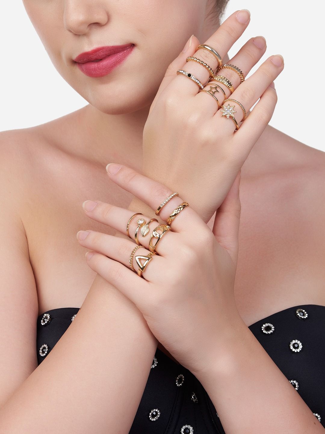 Zaveri Pearls Women Set of 15 Gold Toned Finger Ring Price in India