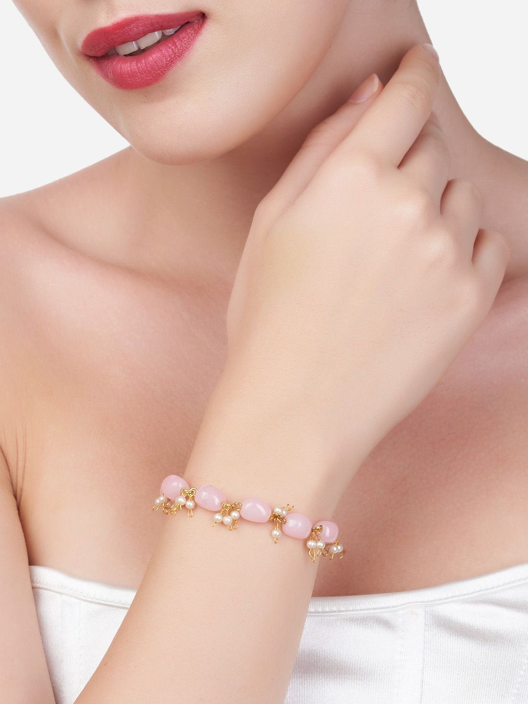 Zaveri Pearls Women Gold-Toned & Pink Gold-Plated Wraparound Bracelet Price in India
