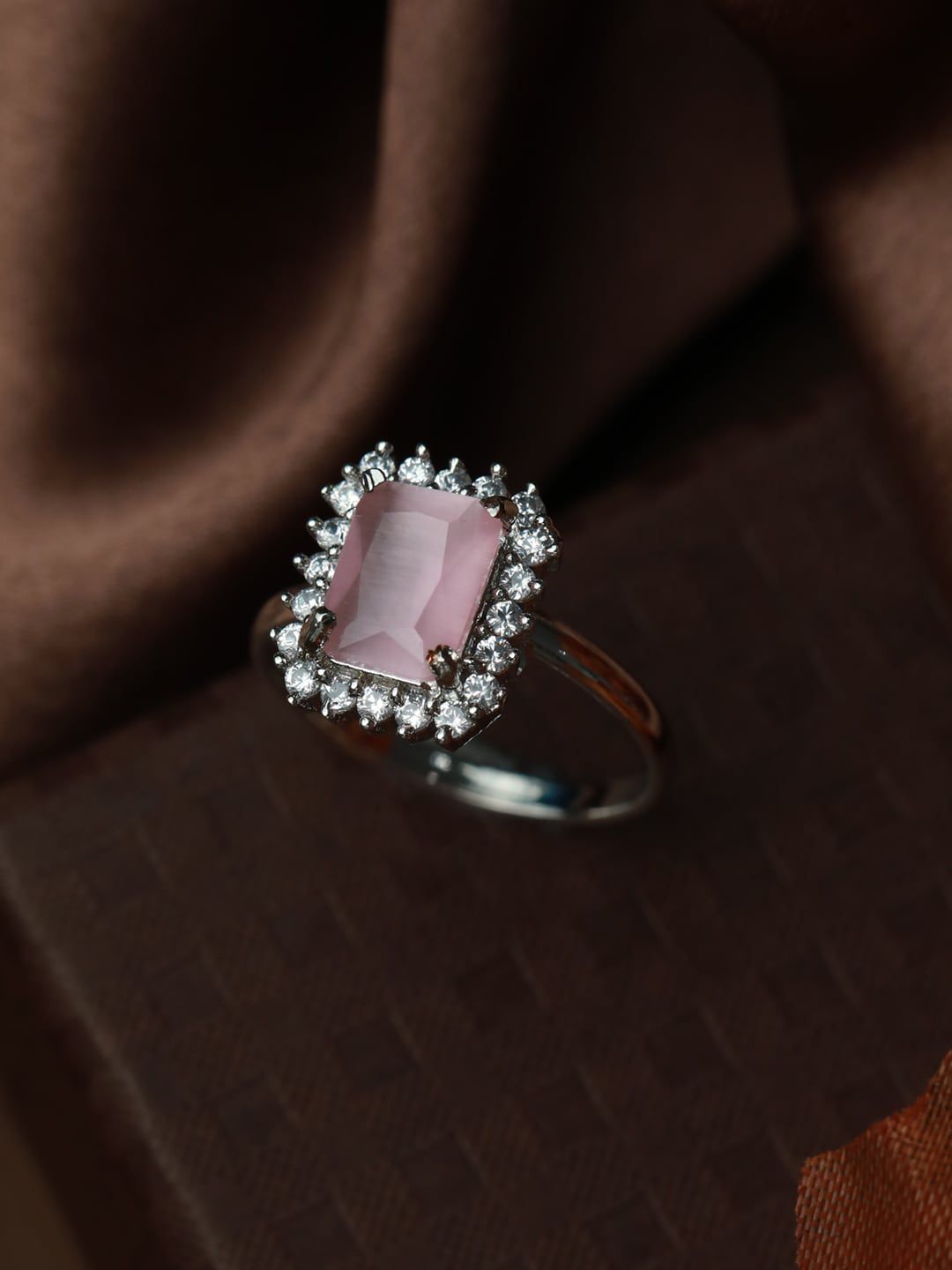 Priyaasi Women Silver-Plated Pink AD-Studded Adjustable Finger Ring Price in India
