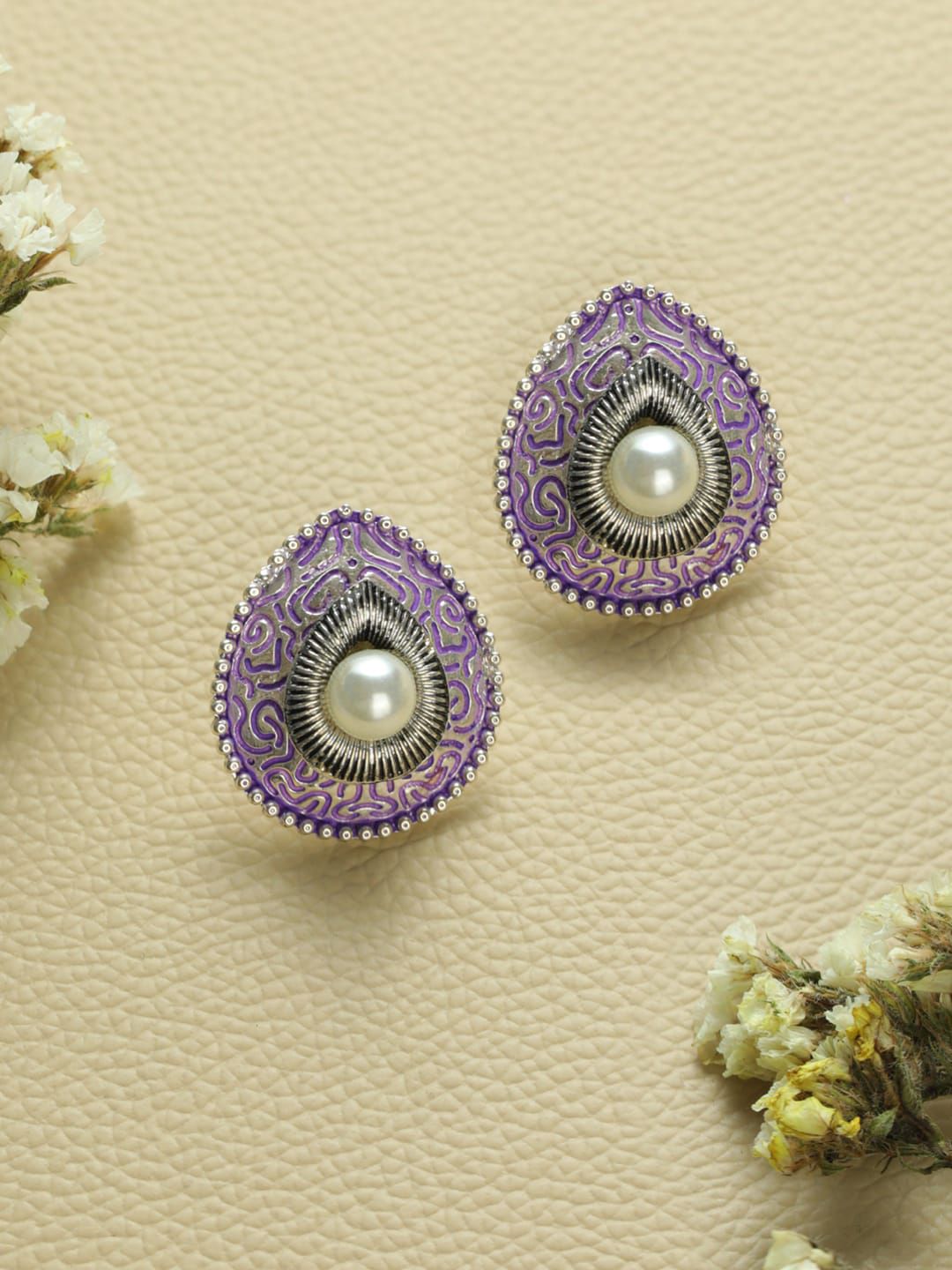 Priyaasi Silver-Plated Purple Teardrop Shaped Studs Earrings Price in India