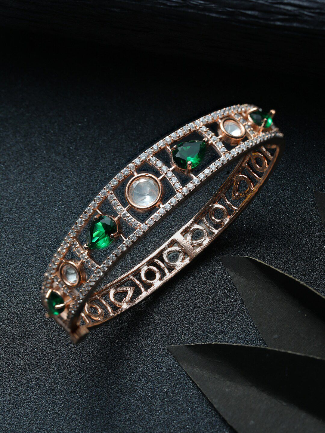 Priyaasi Women Rose Gold & Green Brass American Diamond Rose Gold-Plated Bangle-Style Bracelet Price in India