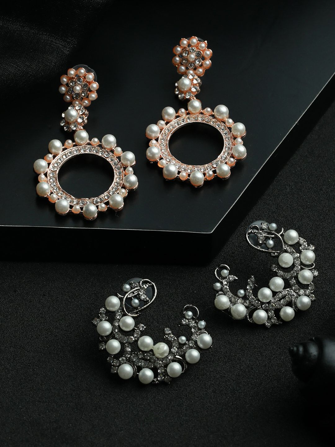 Priyaasi Silver-Toned Set of 2 Pearl Studded Drop Earrings Price in India