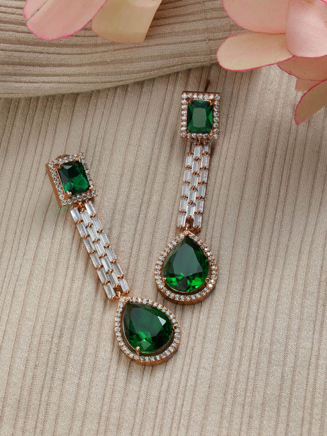 Priyaasi Rose Gold & Green AD Studded Drop Earrings Price in India