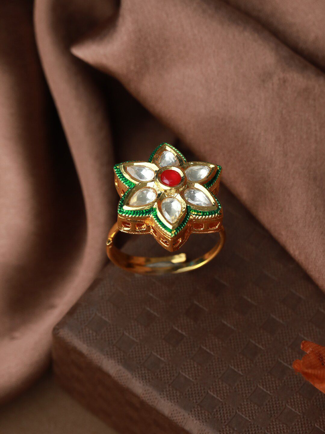 Priyaasi Women Gold Plated Red & White Kundan Studded Flower Finger Rings Price in India