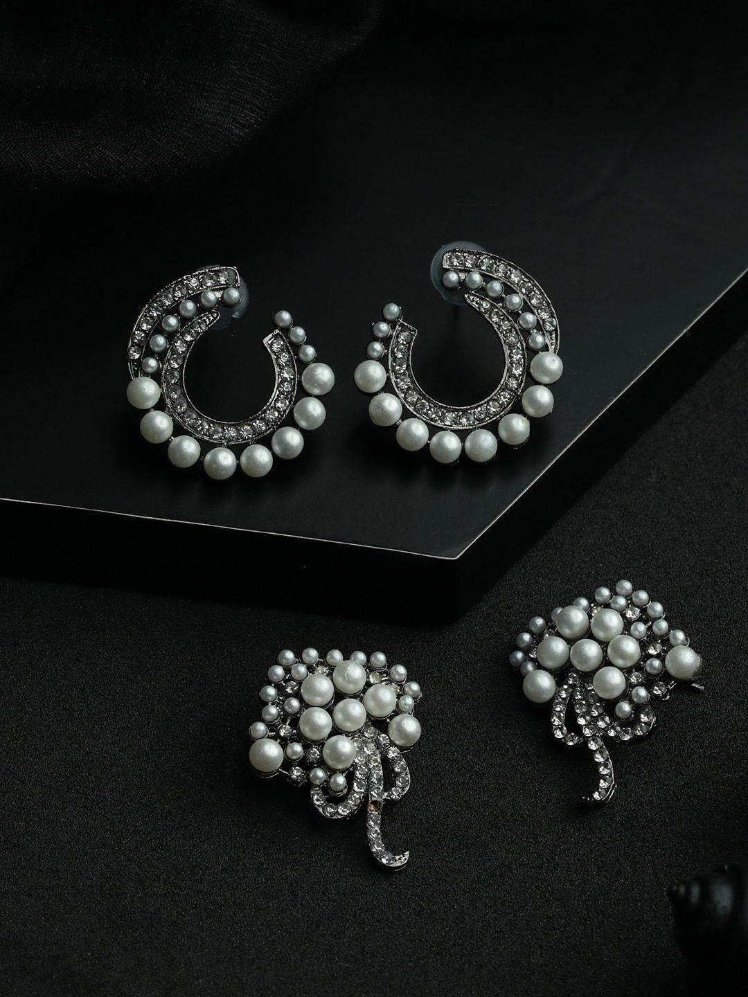 Priyaasi Silver-Toned & Black Pack Of 2 Oxidised Studs Earrings Price in India