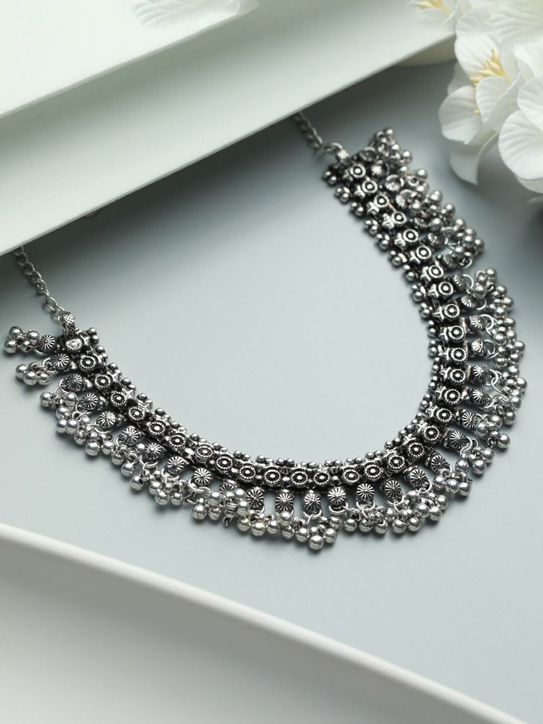 Priyaasi Silver-Toned German Silver Silver-Plated Oxidised Necklace Price in India