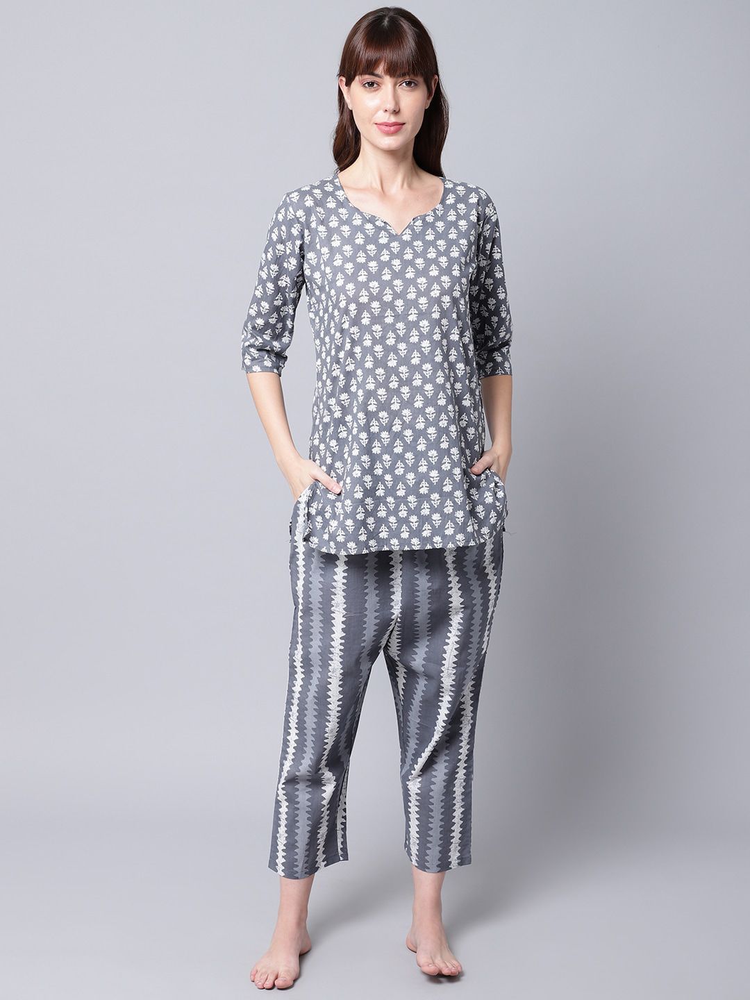 TAG 7 Women Grey & White Printed Pure Cotton Night Suit Price in India