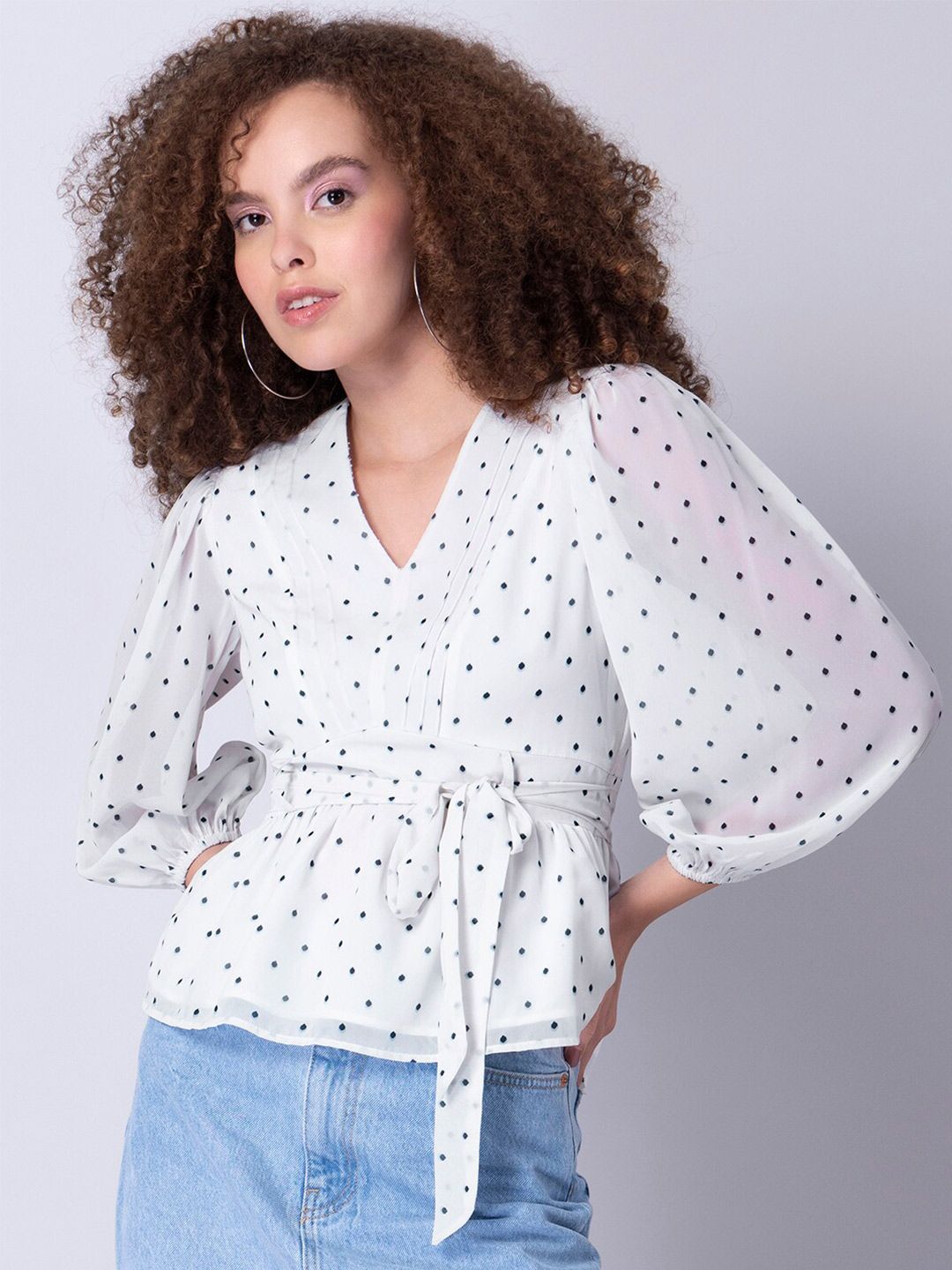 FabAlley White Polka Dot Print Front Tie Peplum Top