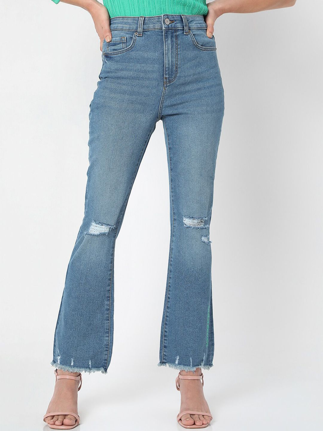 Vero Moda Women Blue Bootcut High-Rise Highly Distressed Light Fade Jeans Price in India