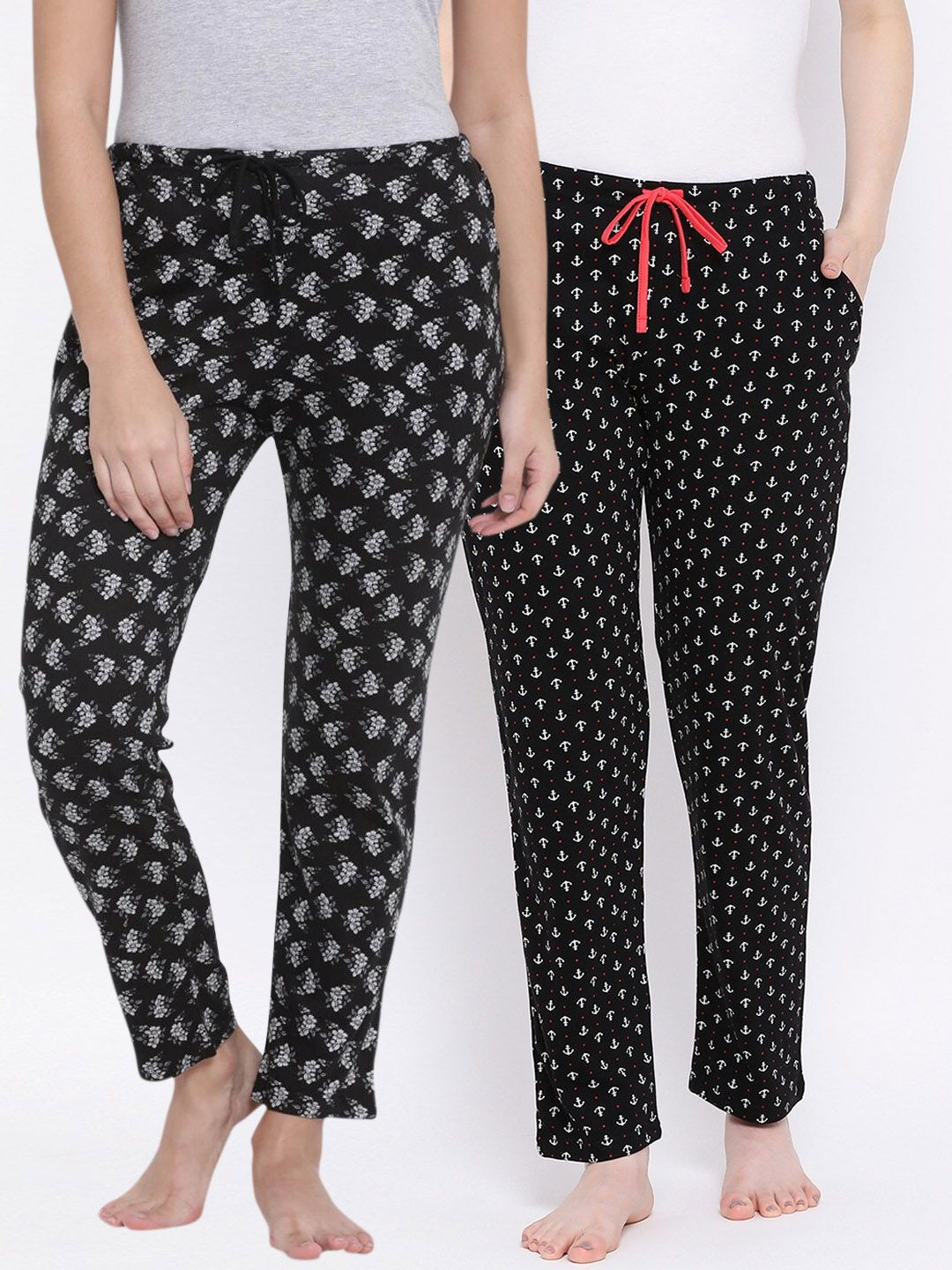 Kanvin Women Pack Of 2 Black Printed Cotton Lounge Pants Price in India