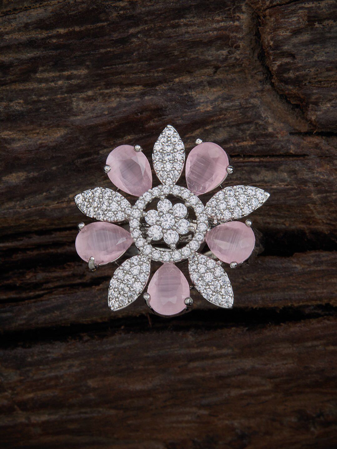 Kushal's Fashion Jewellery Silver-Plated Pink & White CZ-Studded Adjustable Finger Ring Price in India