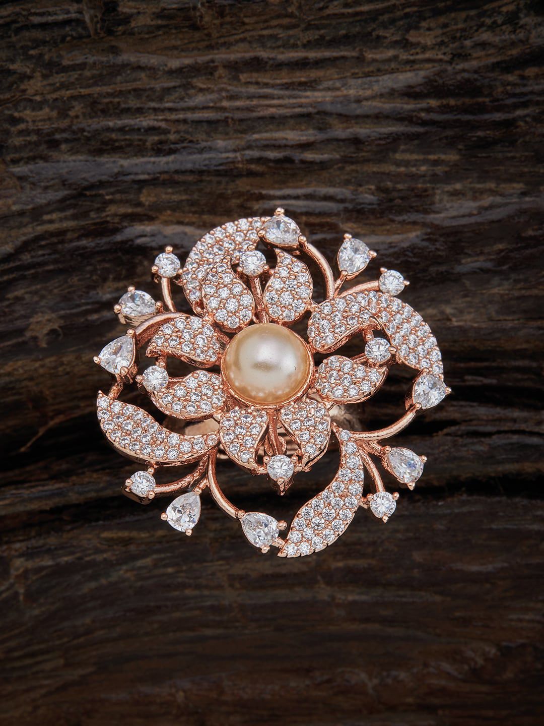 Kushal's Fashion Jewellery Rose Gold-Plated White CZ-Studded & Pearl Finger Ring Price in India