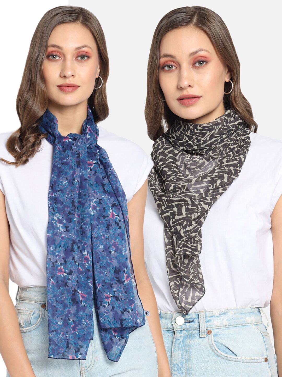 Trend Arrest Pack of 2 Blue & Black Printed Scarf Price in India