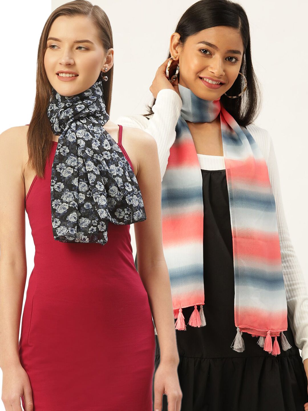 Trend Arrest Set of 2 Women White & Pink Printed Scarf Price in India