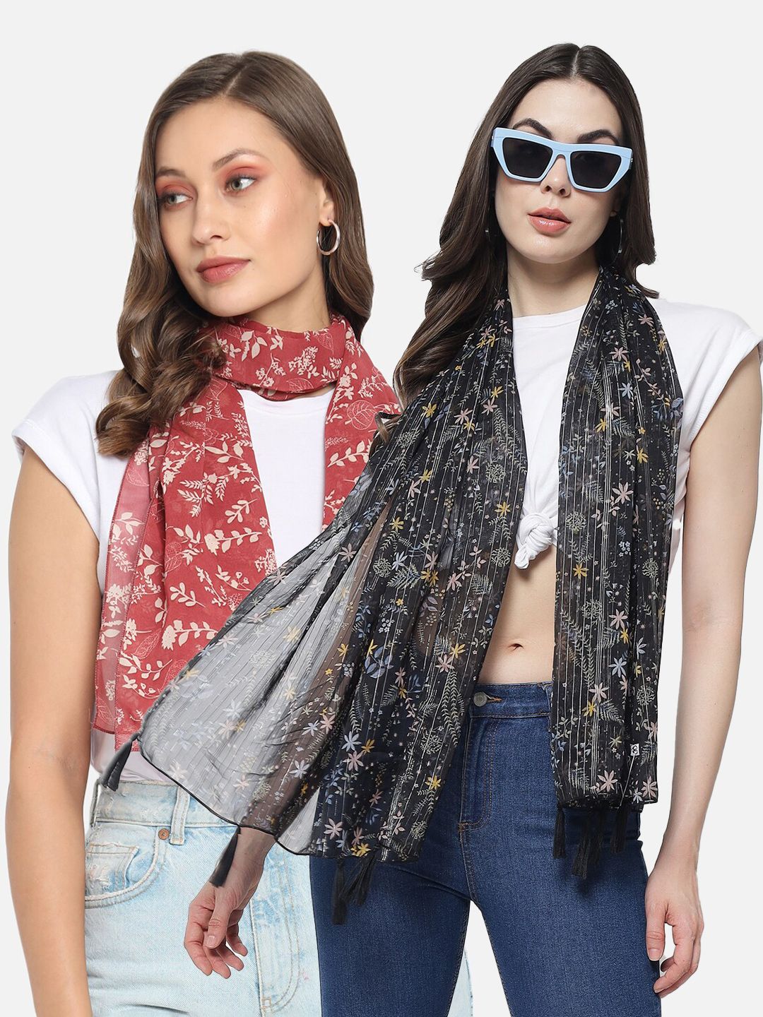 Trend Arrest Women Pack of 2 Red & Black Printed Scarf Price in India