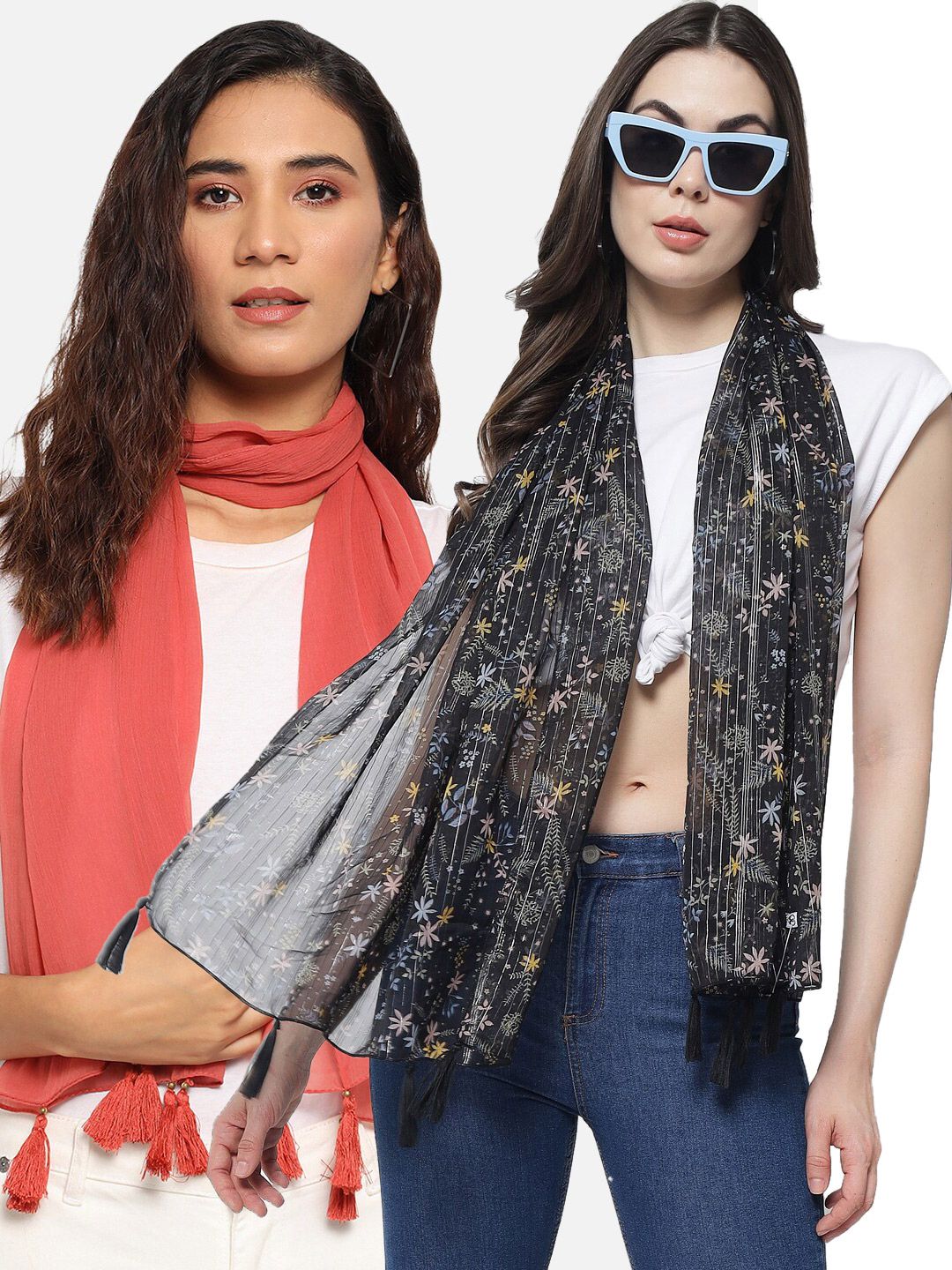 Trend Arrest Women Pack of 2 Pink & Grey Printed Scarf Price in India