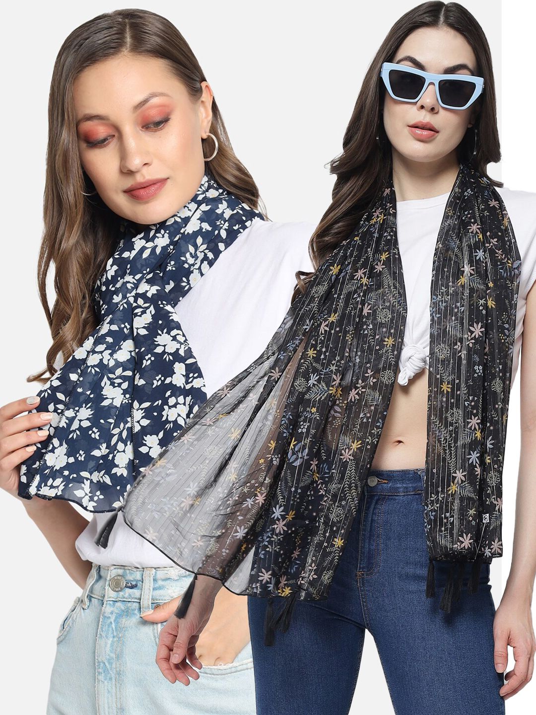 Trend Arrest Women Navy Blue & White Printed Scarf Price in India