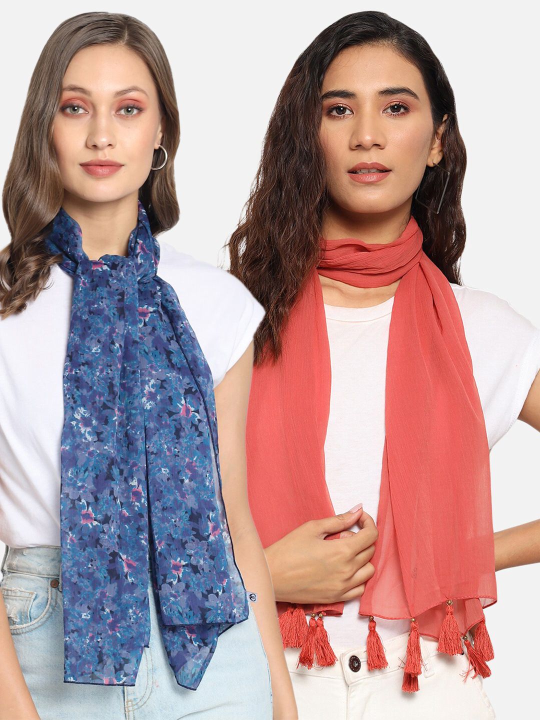 Trend Arrest Women Set of 2 Red & Blue Scarves Price in India