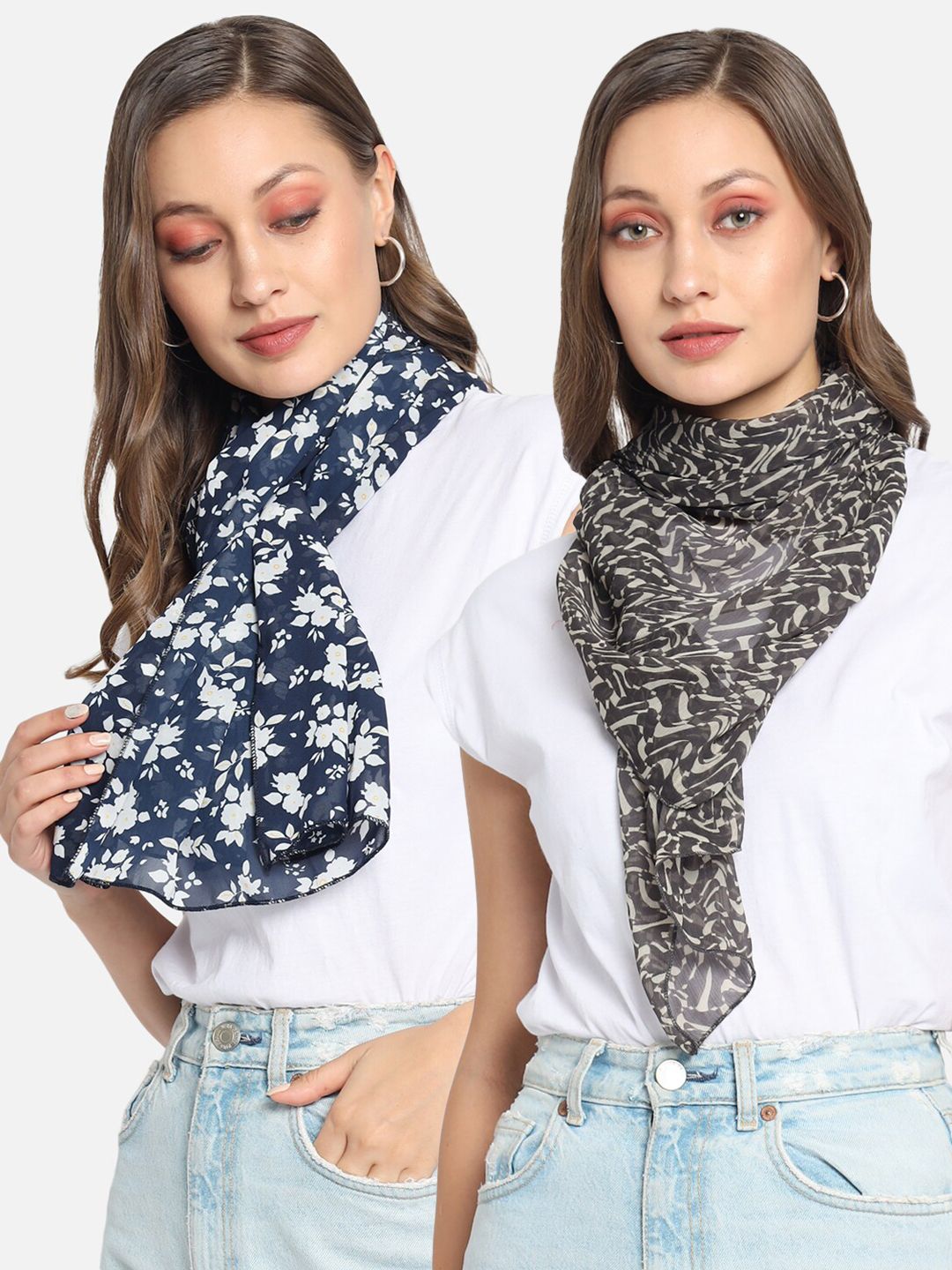 Trend Arrest Women Pack of 2 Blue & Black Printed Scarf Price in India