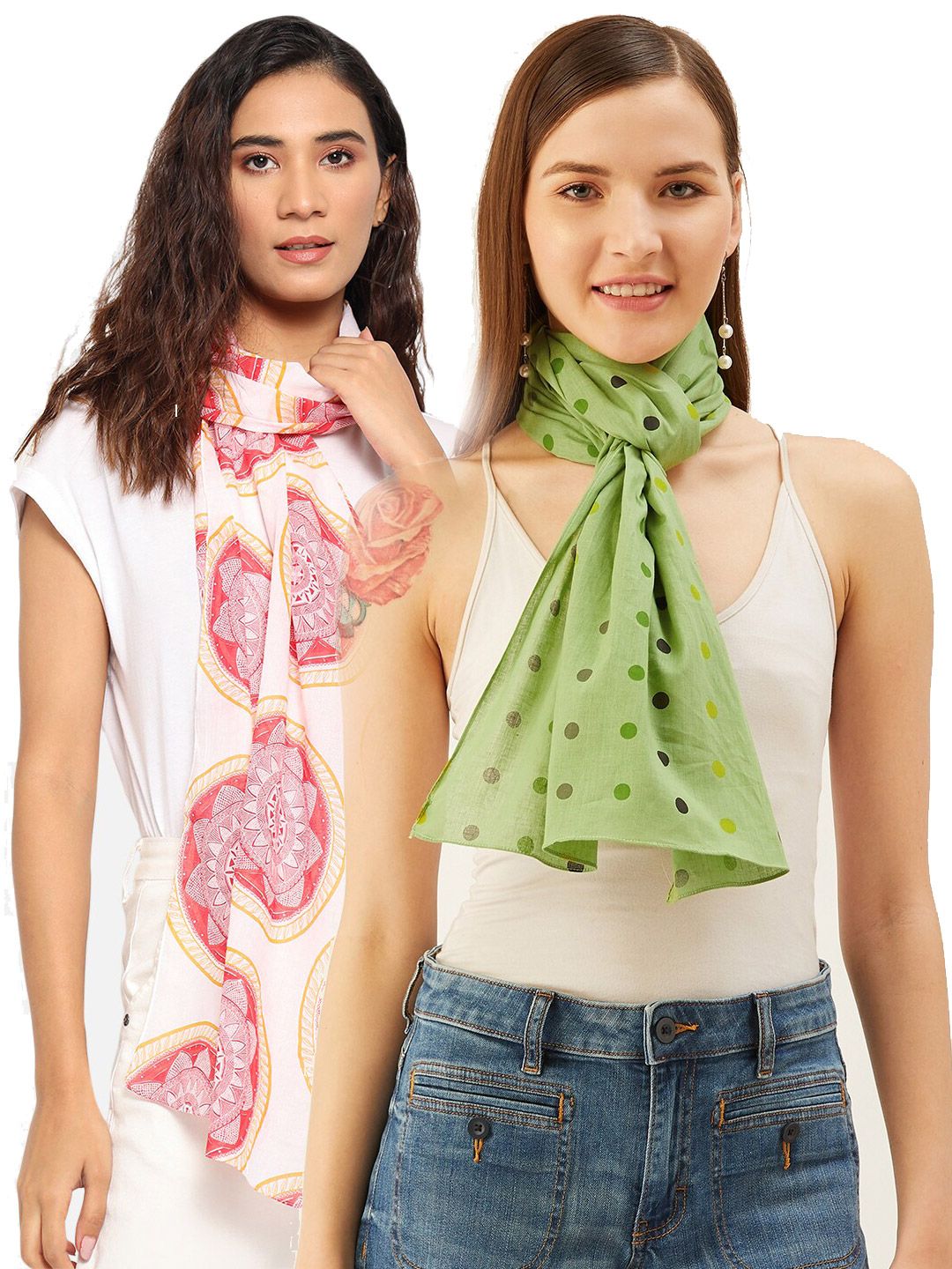 Trend Arrest Women Green & Pink Set Of 2 Printed Scarf Price in India