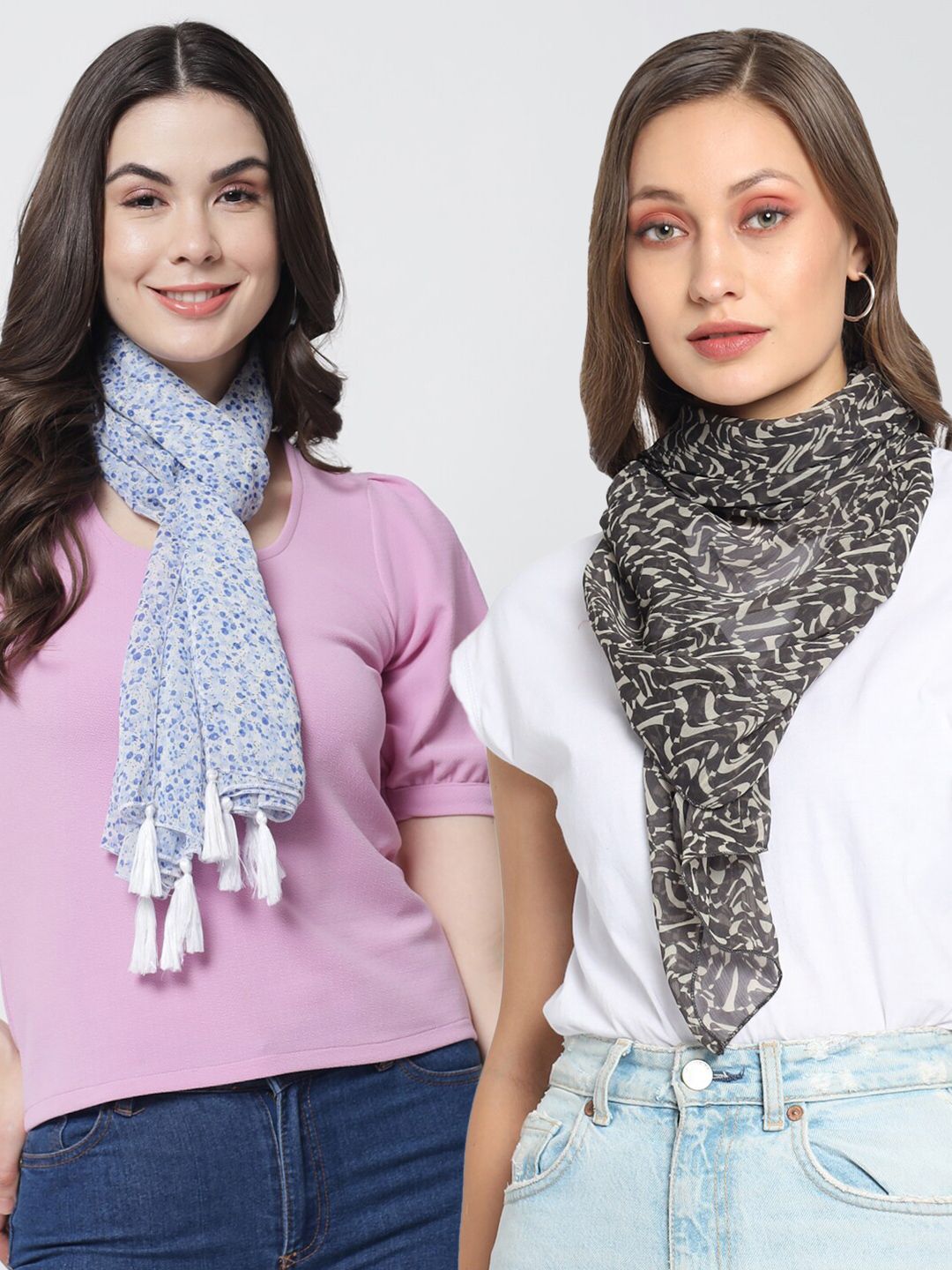 Trend Arrest Women Pack of 2 Blue & White Printed Scarf Price in India