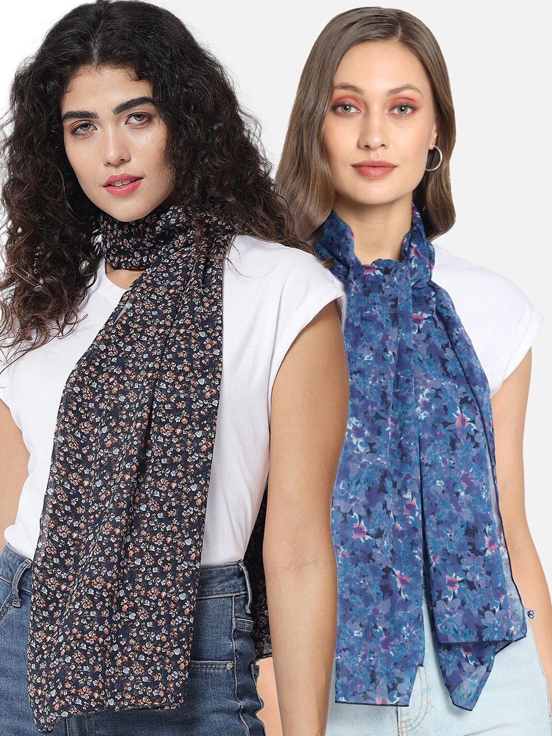 Trend Arrest Women Set of 2 Blue & Peach-Coloured Printed Scarf Price in India