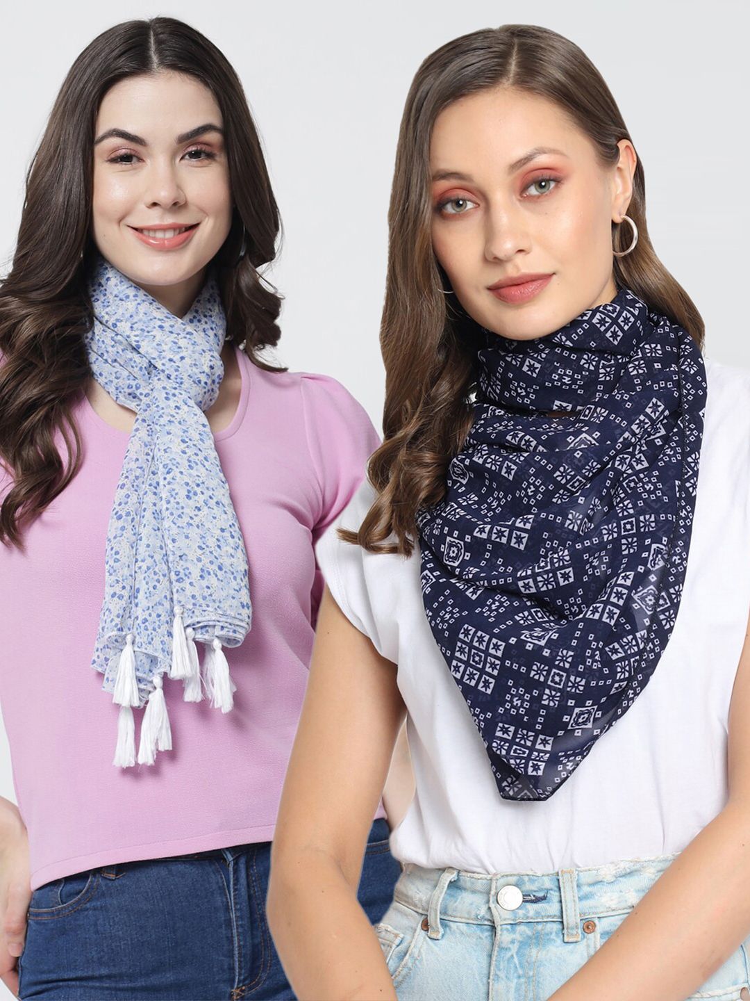 Trend Arrest Women Pack of 2 Blue & White Printed Scarf Price in India