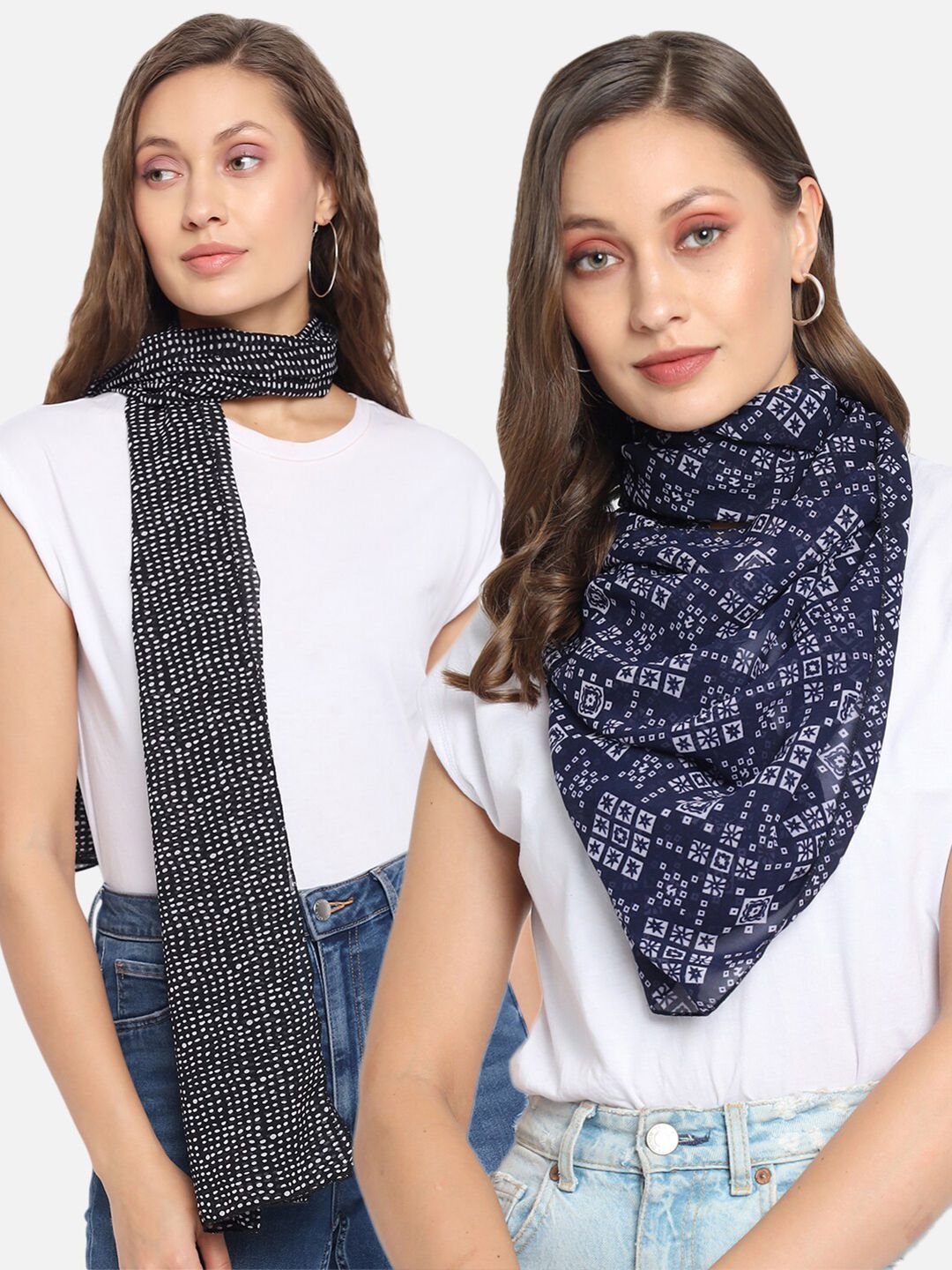 Trend Arrest Women Set of 2 Navy Blue & Black Printed Scarves Price in India