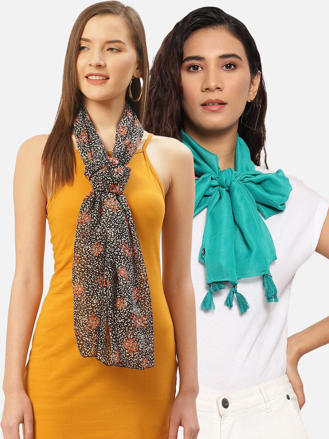 Trend Arrest Women Sea Green & Black Set Of 2 Printed Scarves Price in India