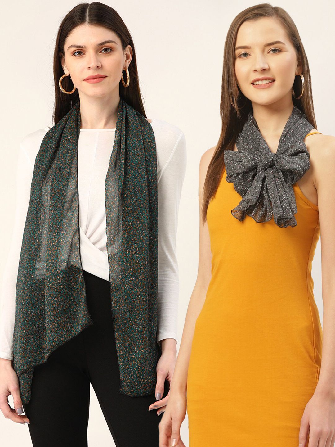 Trend Arrest Women Set of 2 Grey & Green Printed Scarves Price in India