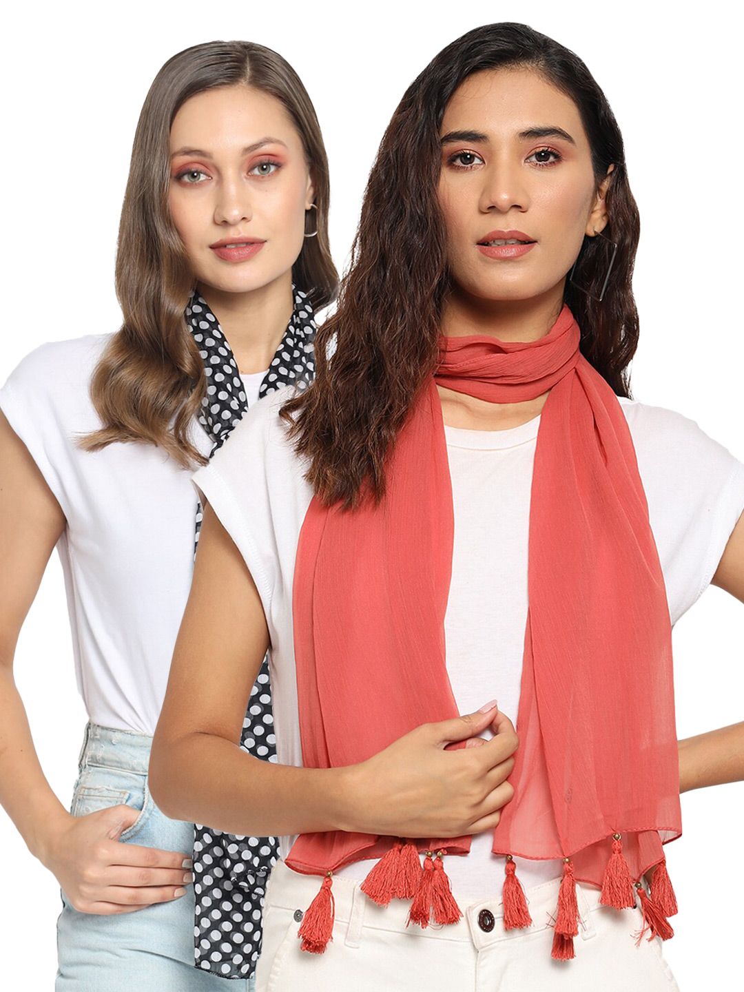 Trend Arrest Women Set of 2 Peach-Coloured & White Printed Scarf Price in India