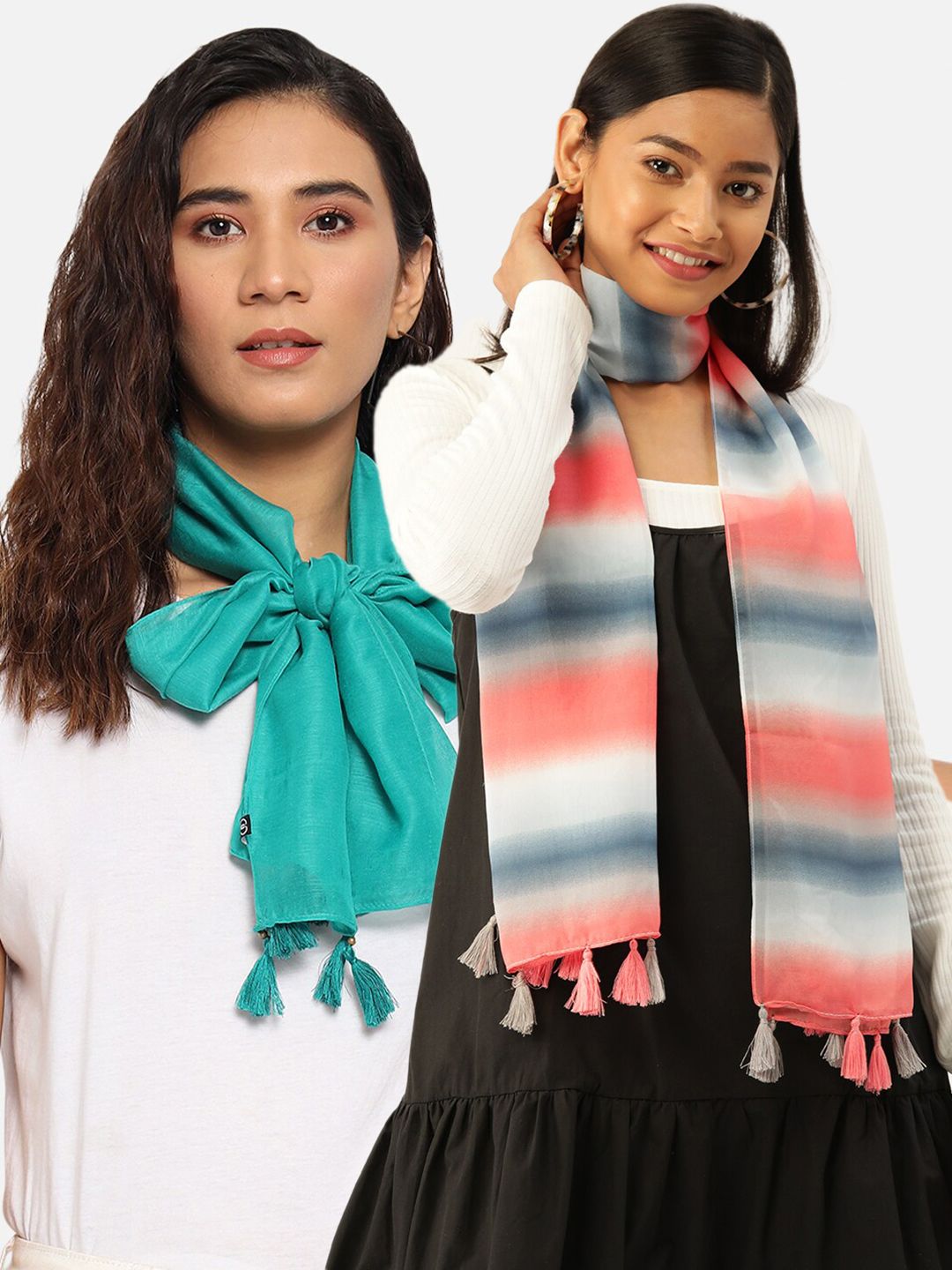 Trend Arrest Pack of 2 Green & White Printed Scarf Price in India