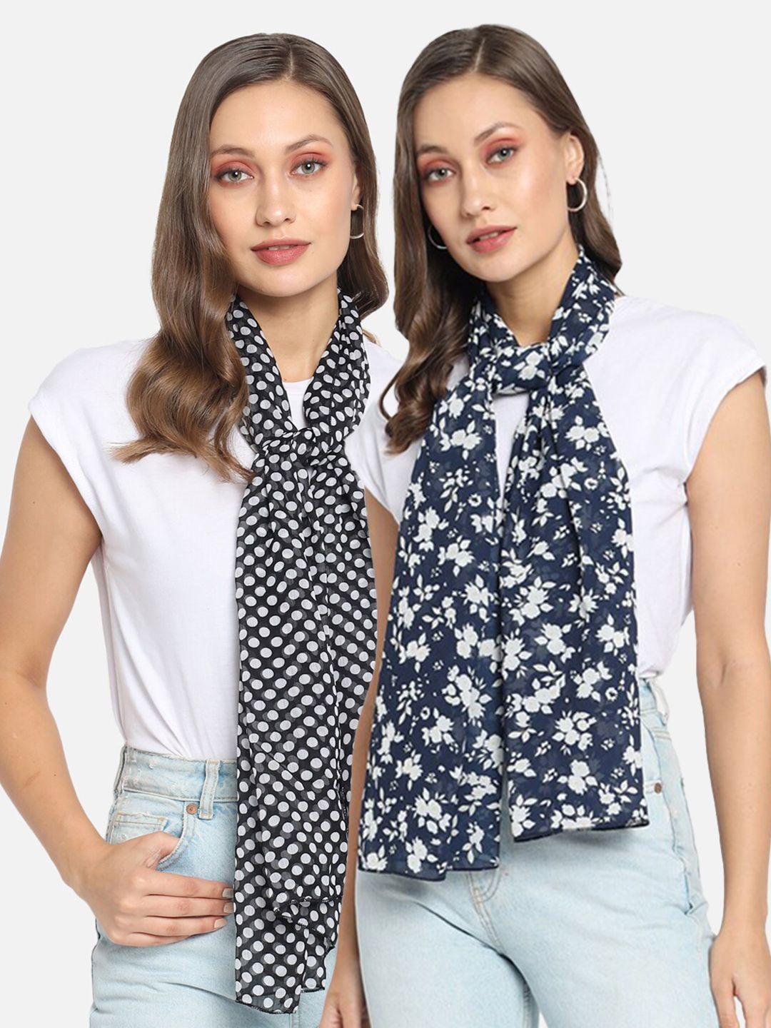 Trend Arrest Women Pack of 2 Blue & White Printed Scarves Price in India
