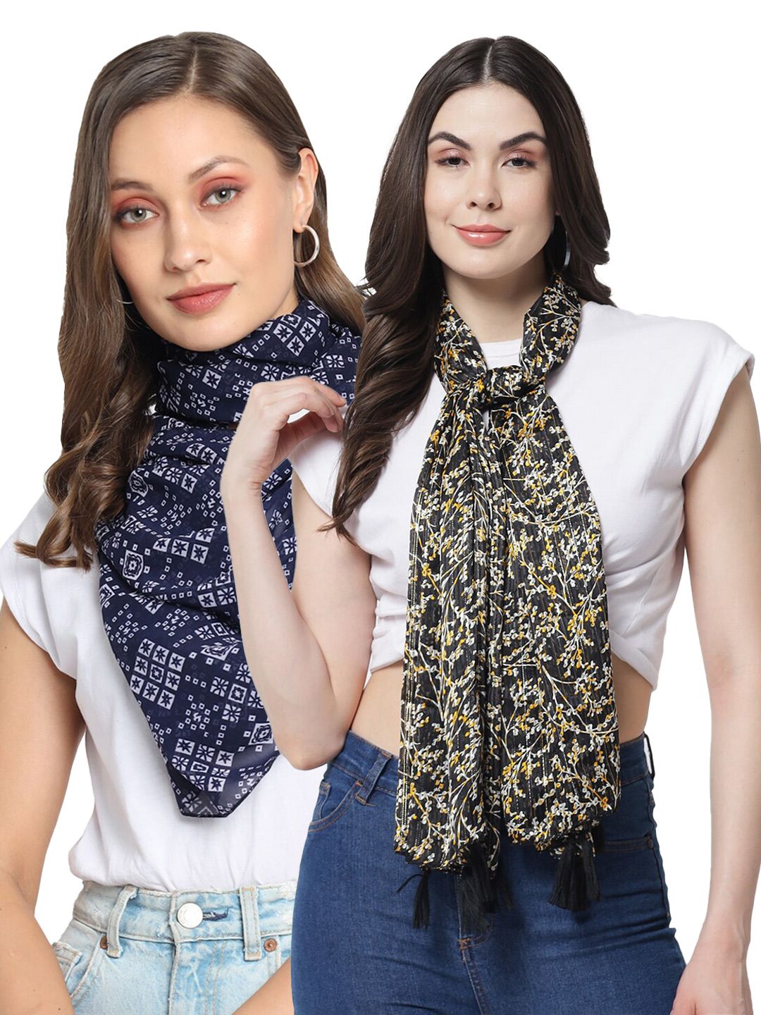 Trend Arrest Women Set of 2 Navy Blue & Black Printed Scarves Price in India