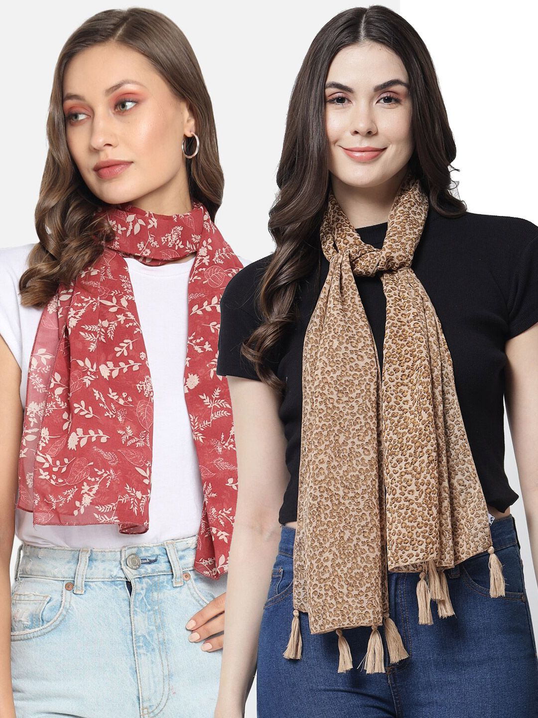 Trend Arrest Women Beige & White Set Of 2 Printed Scarf Price in India
