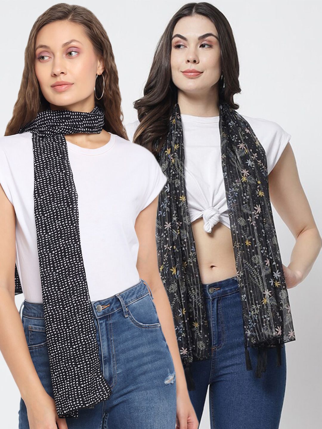Trend Arrest Women Set of 2 Black & White Printed Scarf Price in India