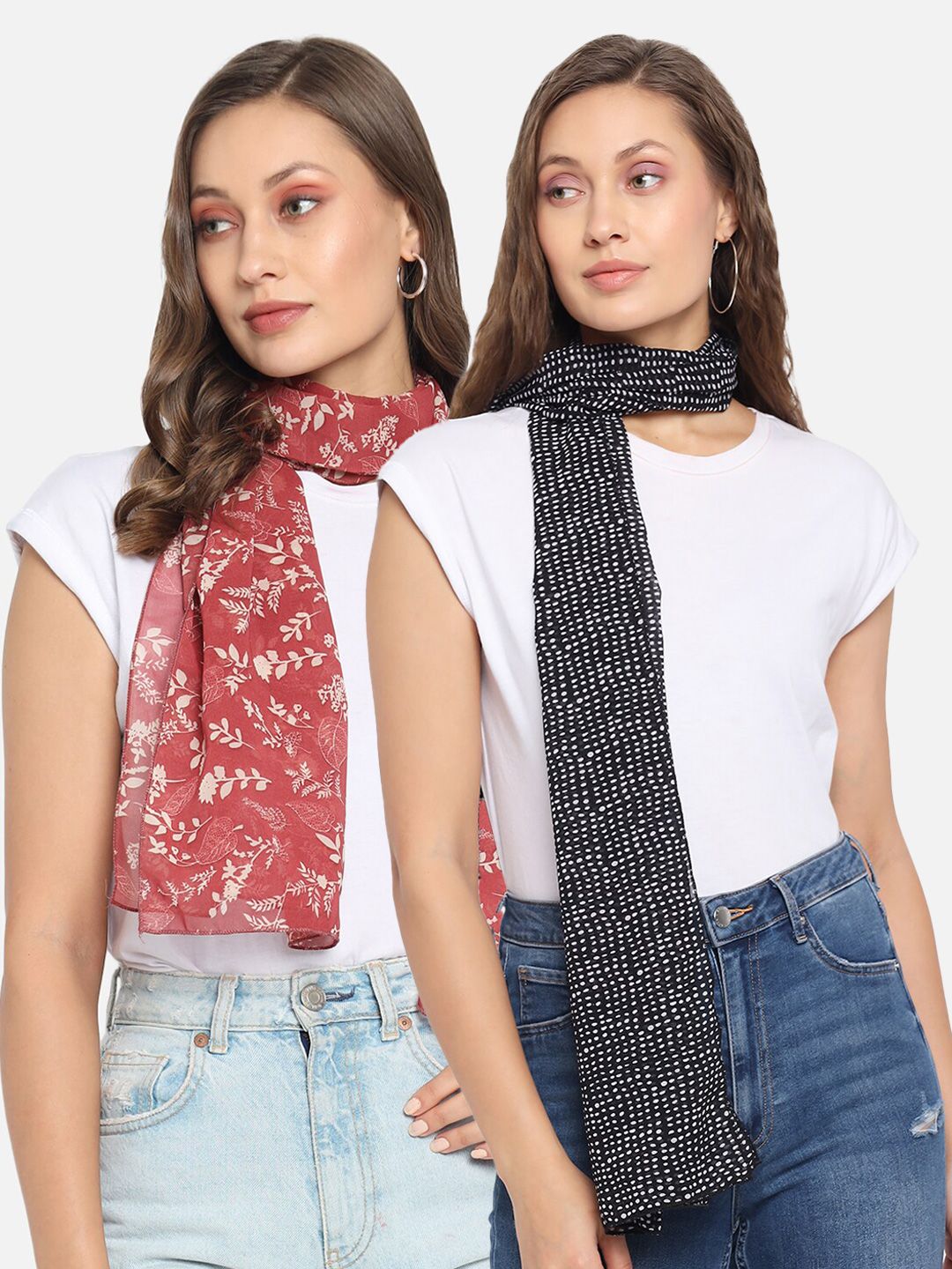 Trend Arrest Women Set of 2 Red & Black Printed Scarves Price in India