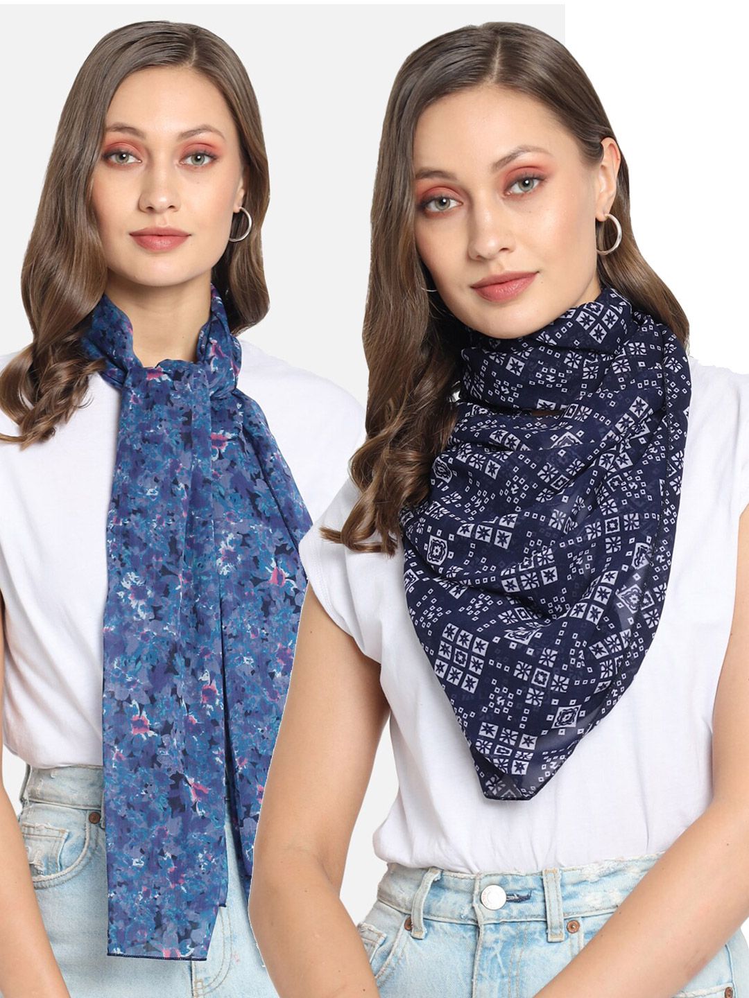 Trend Arrest Women Set Of 2 Blue & Black Printed Scarves Price in India