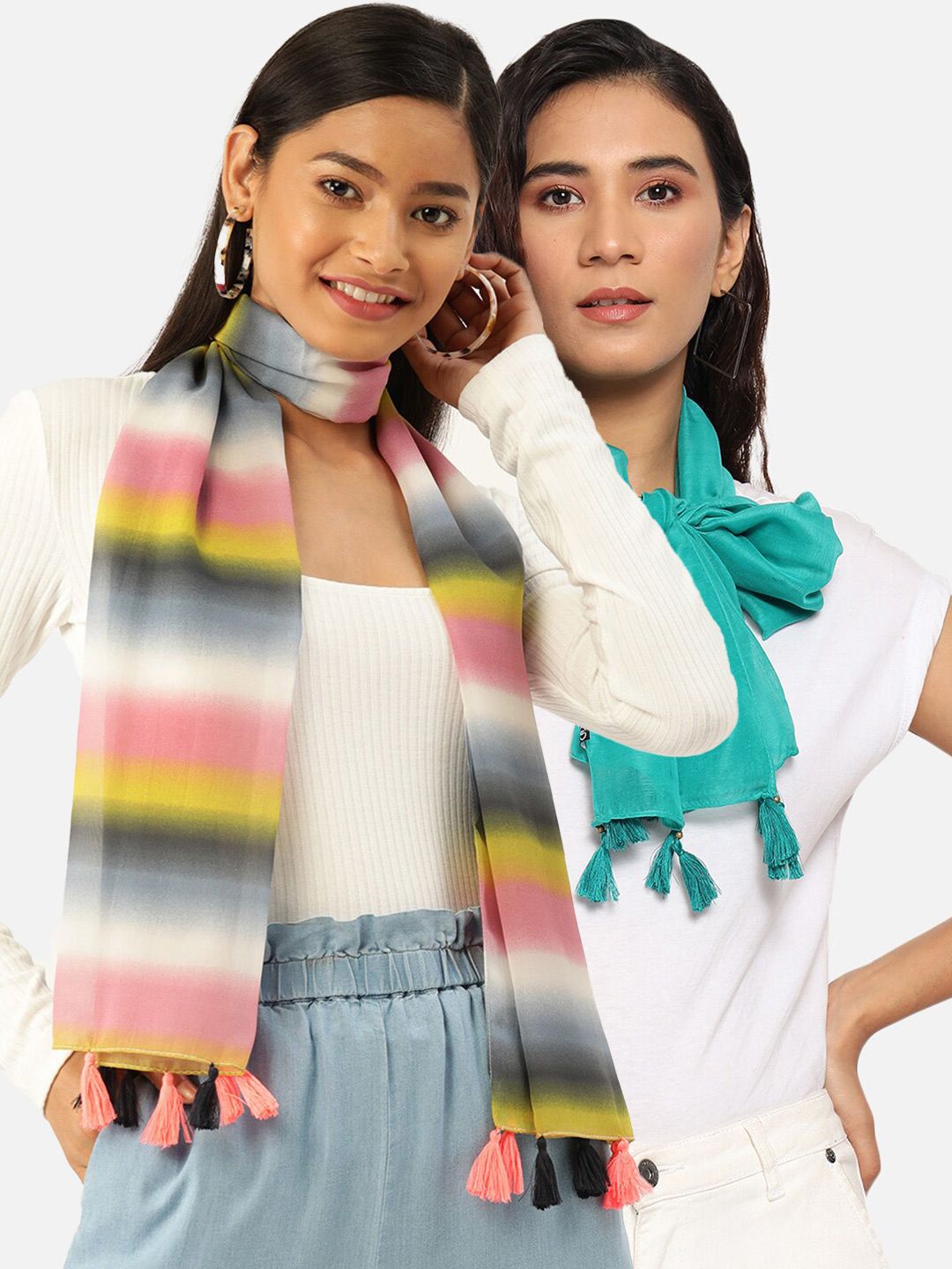 Trend Arrest Women Green & White Printed Scarf Price in India