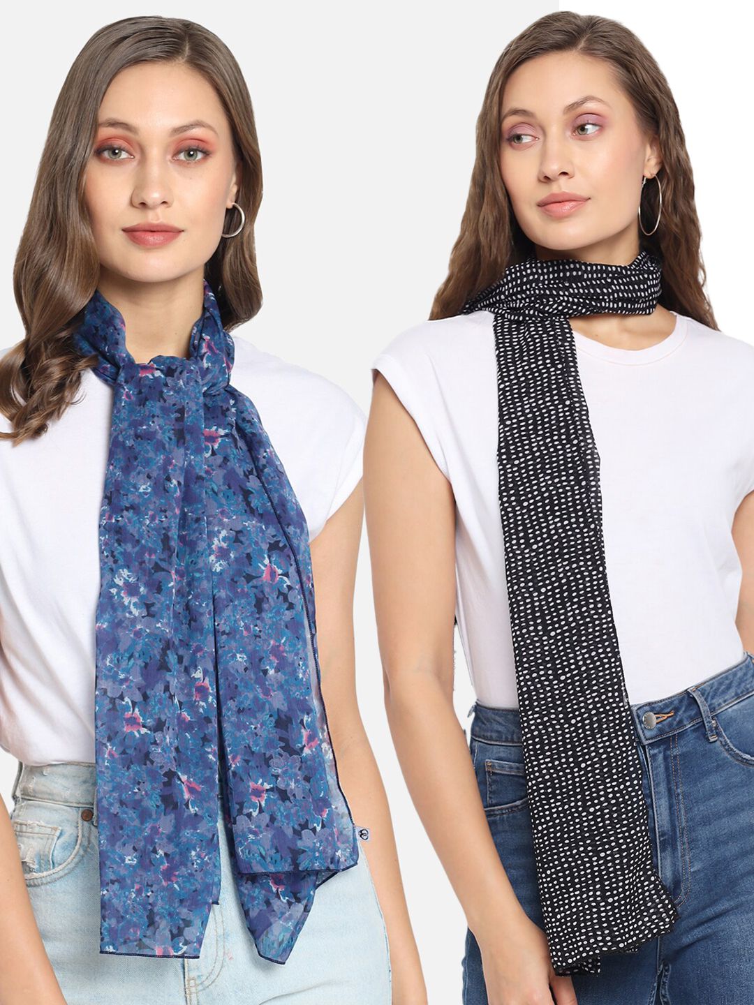 Trend Arrest Women Set of 2 Blue & Black Printed Scarves Price in India