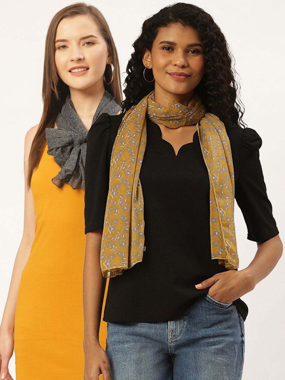 Trend Arrest Women Set of 2 Mustard Yellow & Grey Printed Scarf Price in India