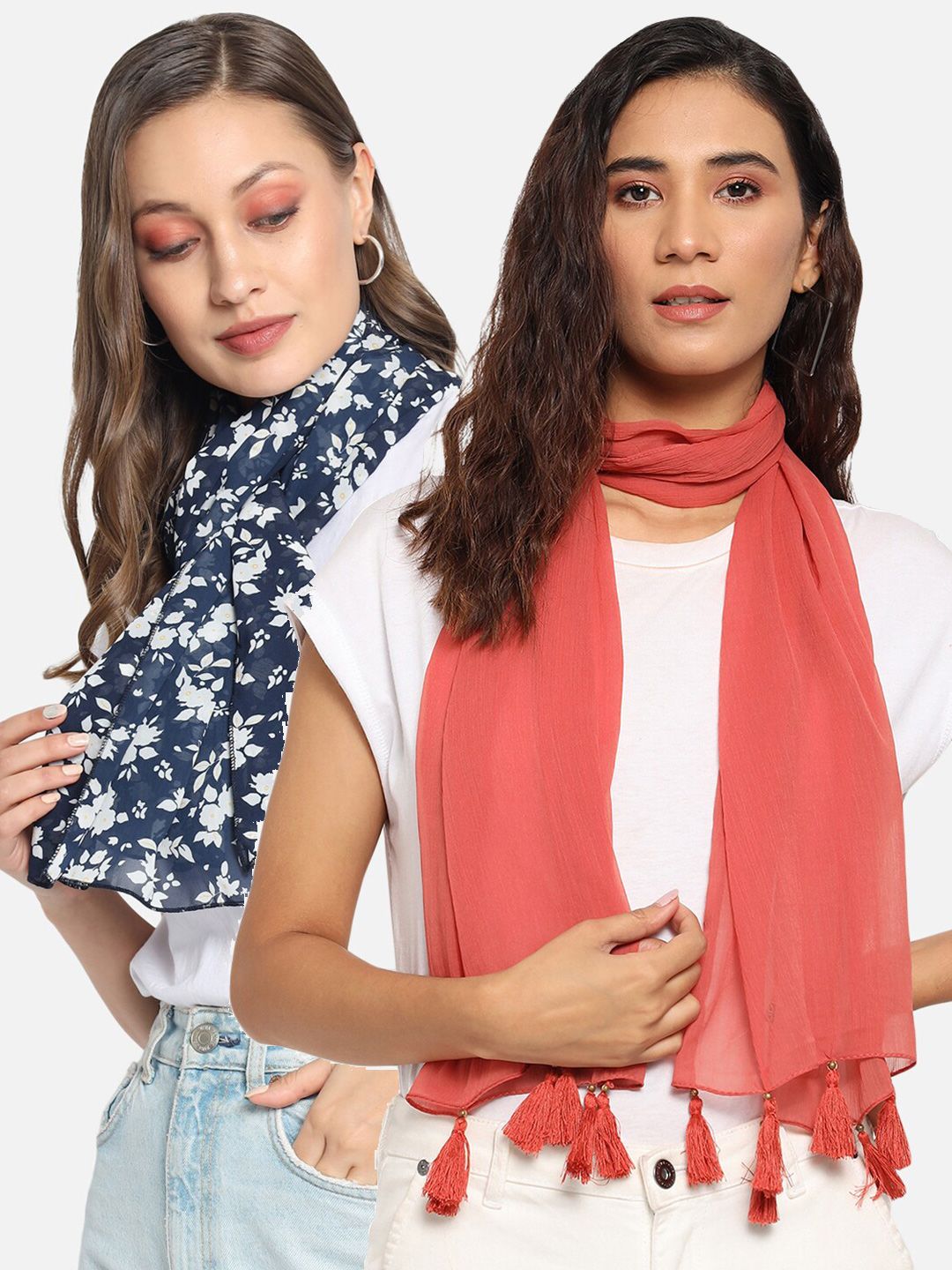 Trend Arrest Pack of 2 Orange & Navy Blue Printed Scarf Price in India