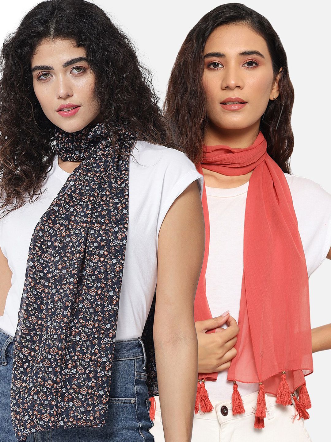 Trend Arrest Women Set of 2 Pink & Navy Blue Printed Scarf Price in India