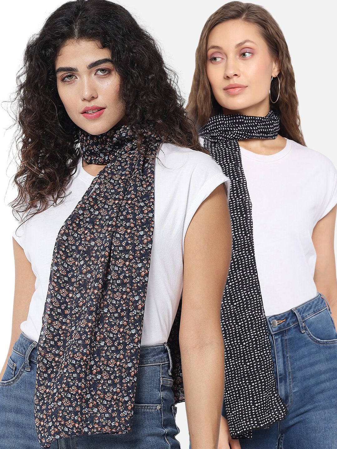 Trend Arrest Women Set of 2 Navy Blue & Black Printed Scarves Price in India