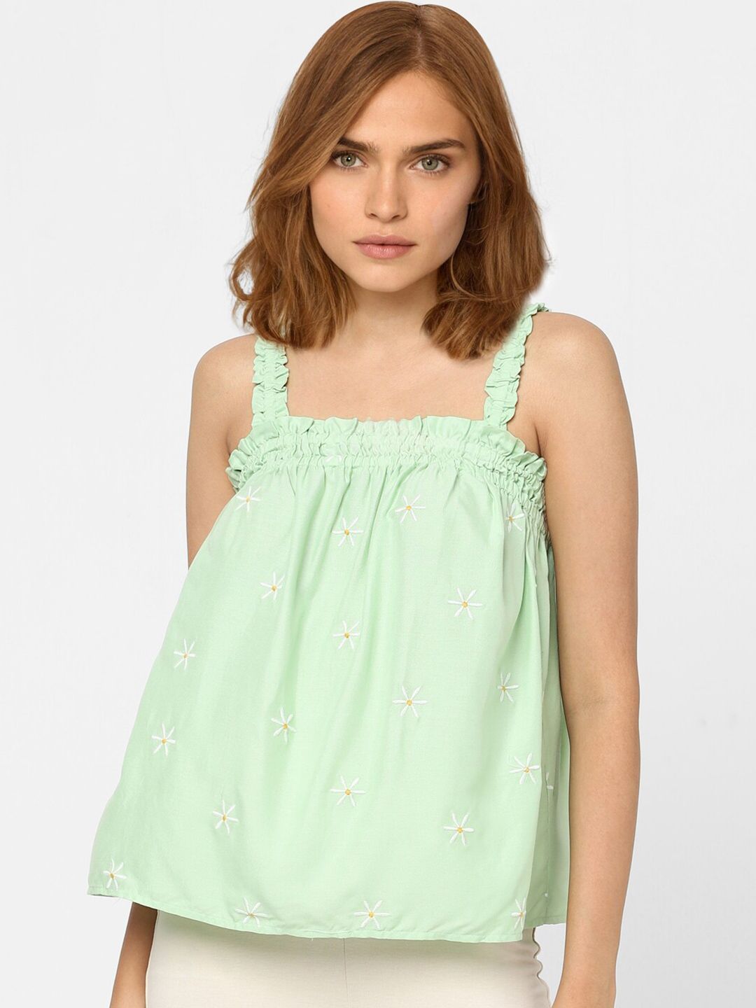 Vero Moda Green Geometric Embroidered Smocked A-line Top