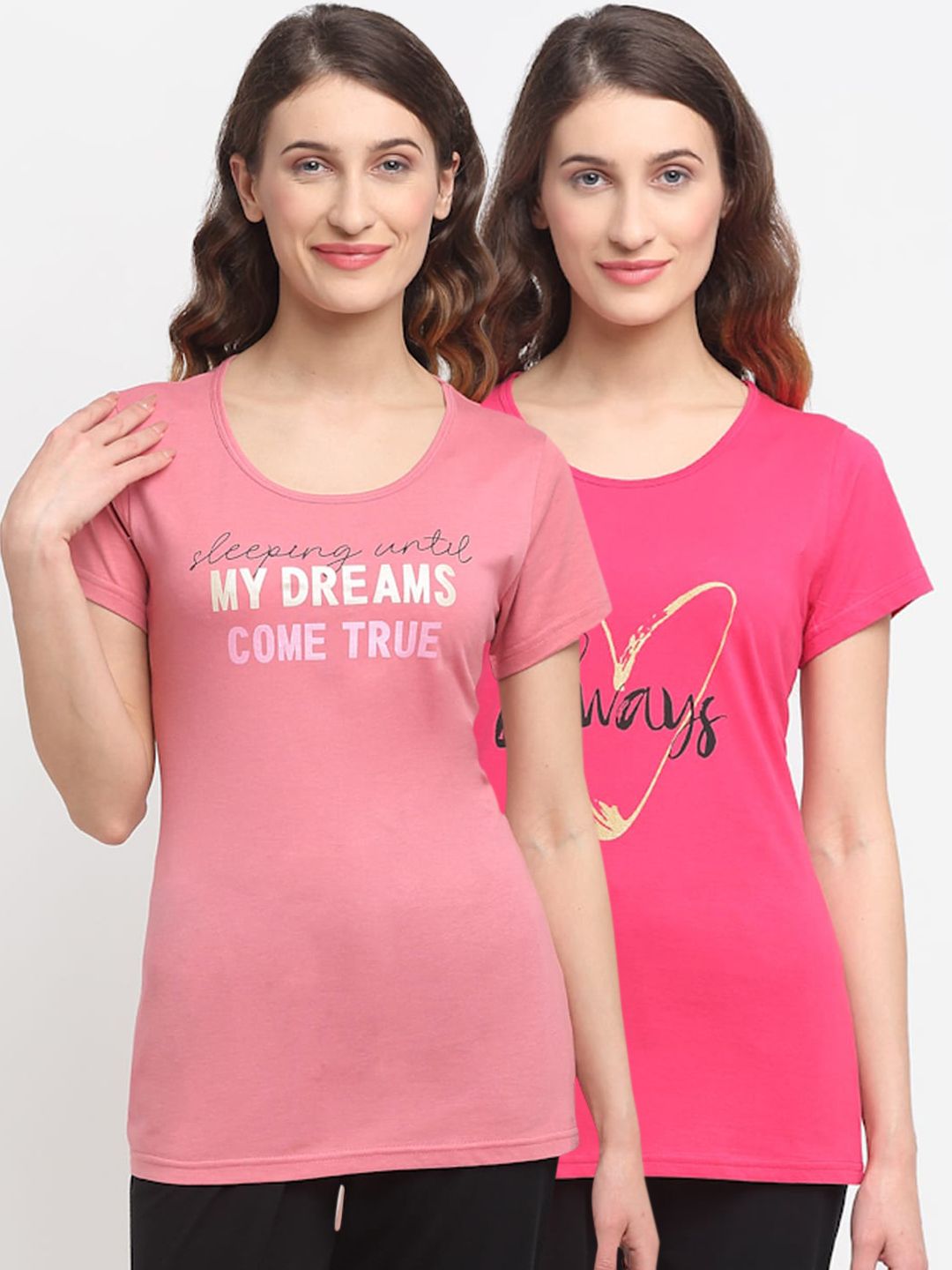 Kanvin Women Pack Of 2 Pink & Light Pink Printed Lounge Tshirts Price in India